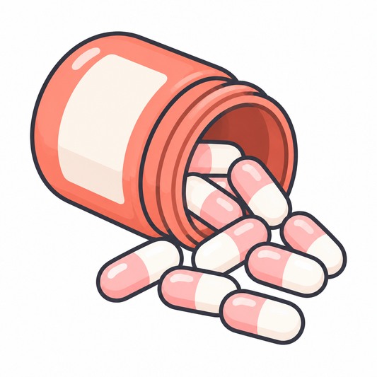 Coral pill bottle with capsules spilling out