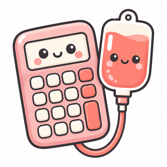 Pink calculator beside a coral IV drip bag
