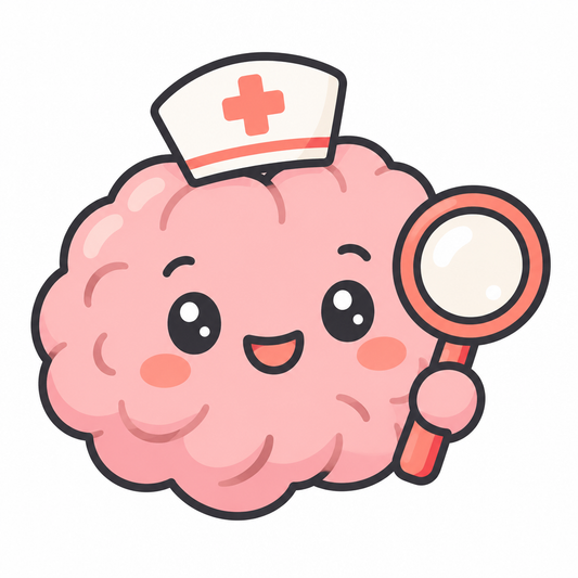 Pink brain in a nurse cap with a magnifying glass