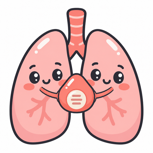 Pink lungs wearing a coral oxygen mask