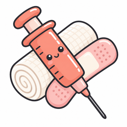 Coral syringe crossed over a roll of gauze