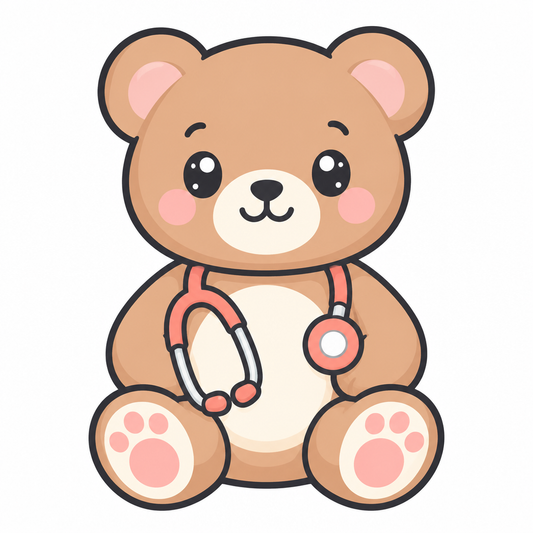 Teddy bear wearing a coral stethoscope