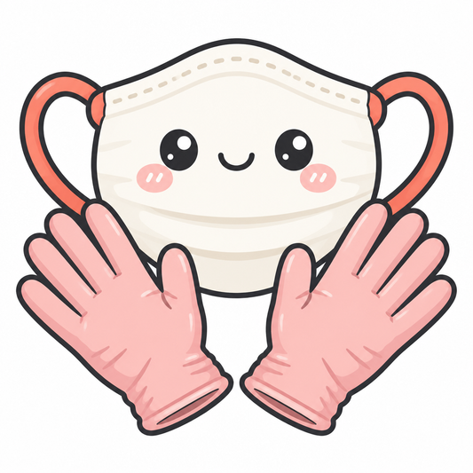 Medical face mask with pink examination gloves