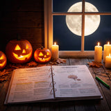 The 1,000+ Free Nursing Notes open on a desk by a moonlit window with jack-o'-lanterns and candles