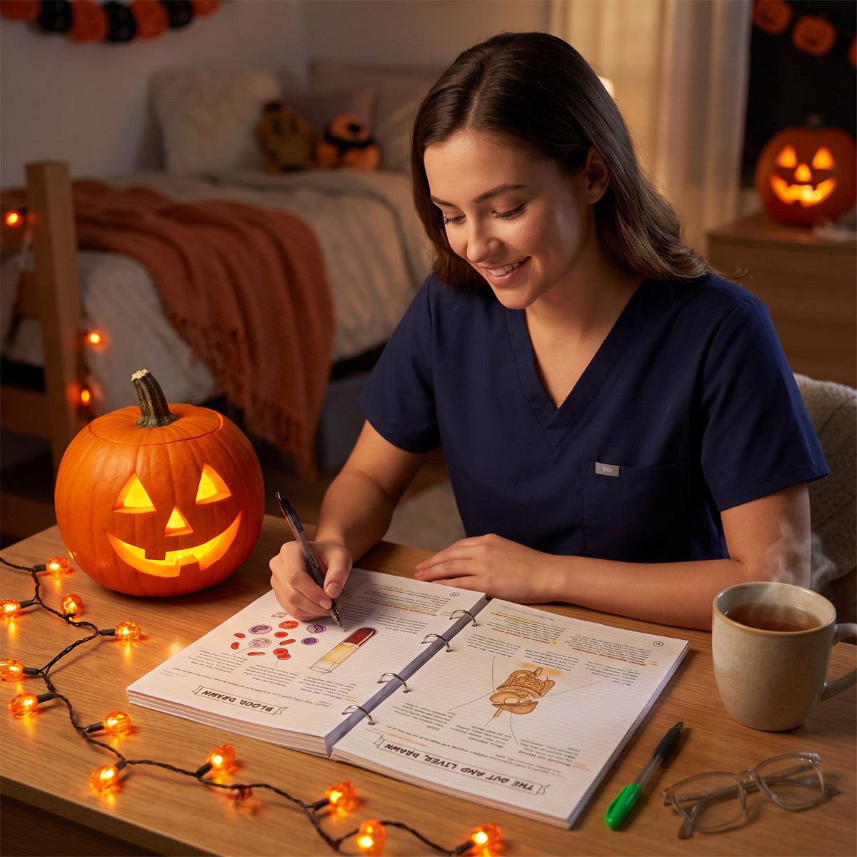 A nursing student studying the notes by a jack-o'-lantern and string lights