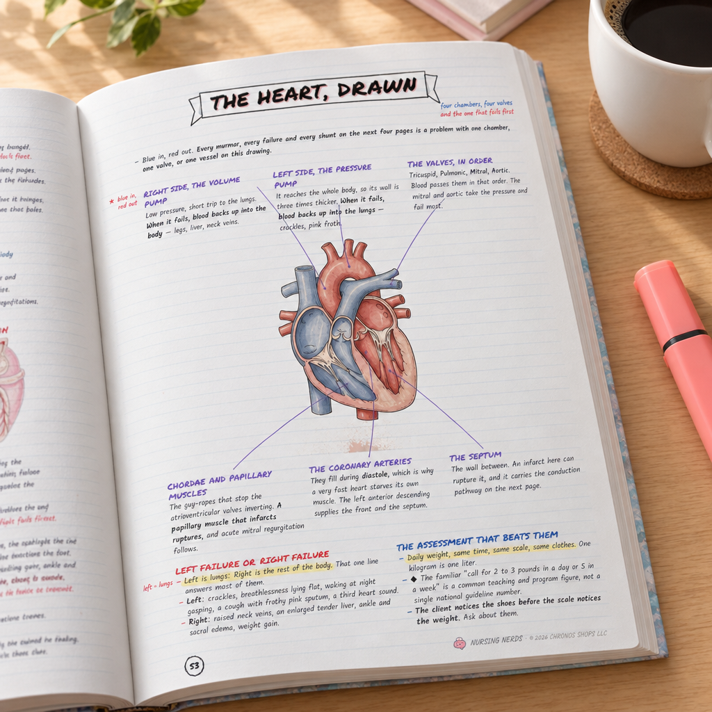 The Heart, Drawn — an open page of the Nursing Nerds book on a desk