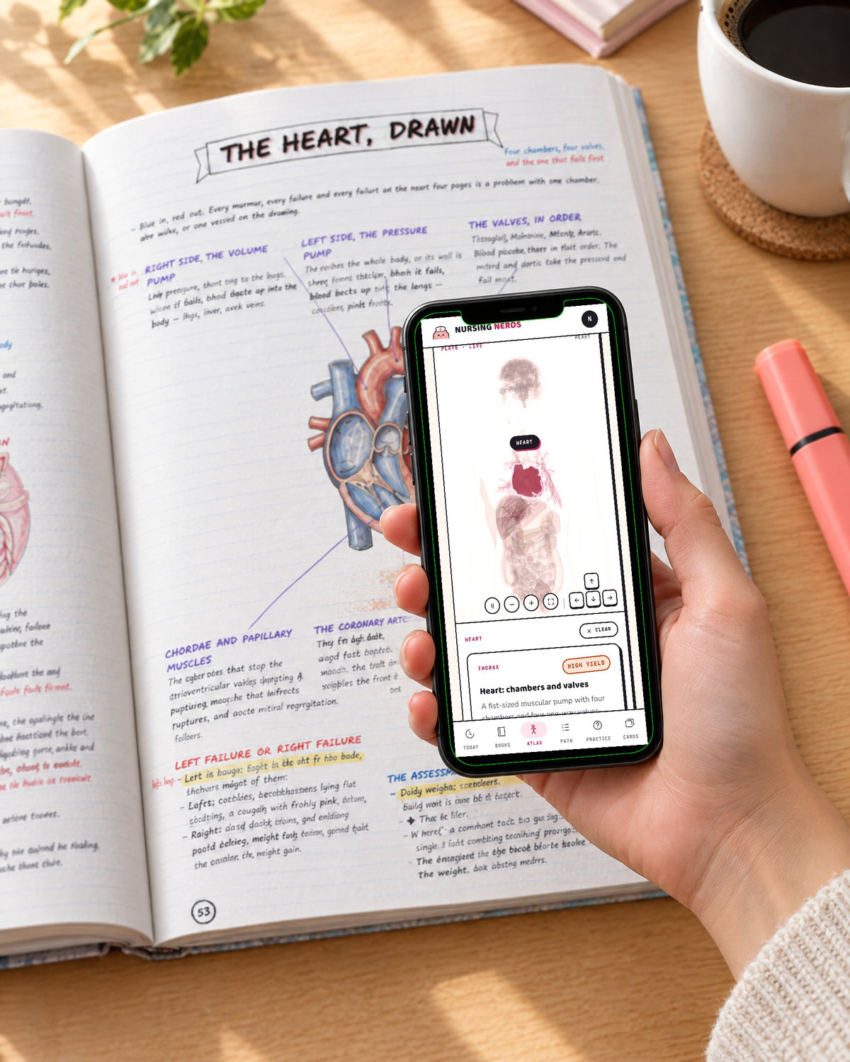 The 3D atlas open on a phone, held over the Nursing Notes book