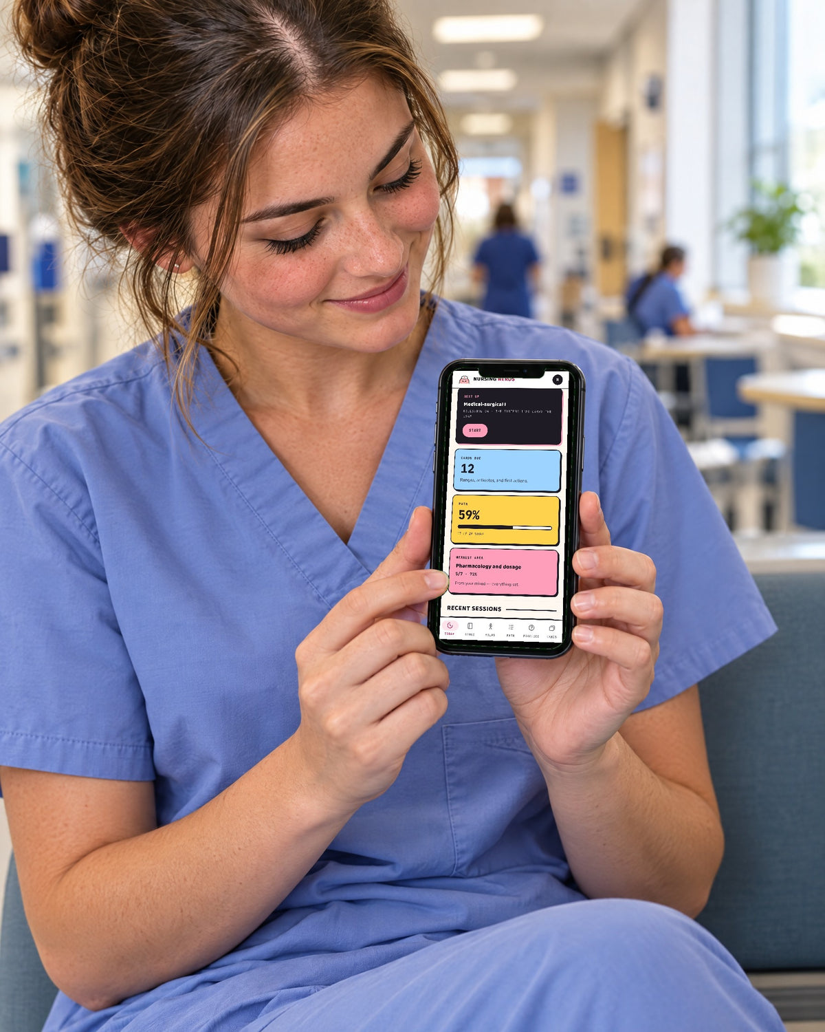 Nursing student in scrubs holding a phone showing the Nursing Nerds Today screen